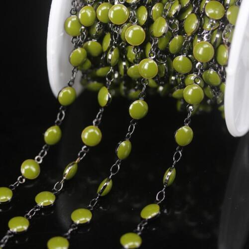 5Meter 6mm Olive Green Lampwork Flat Round Beaded Chain Plated Gun Black Copper, Enamel Glass Coin Beads Rosary Chains Necklaces