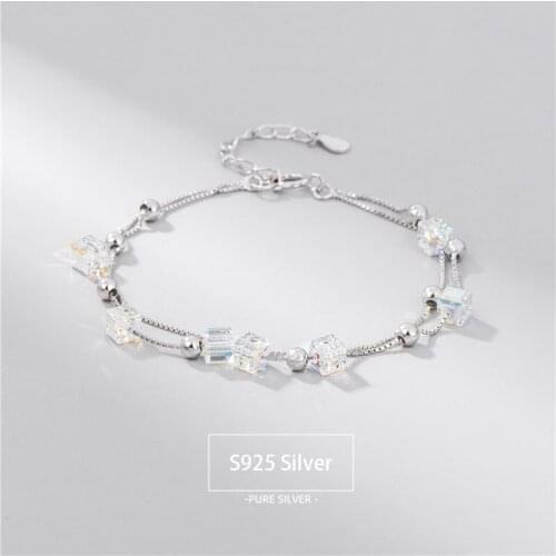 Real S925 Sterling Silver Sugar Cube Smooth Hole Beads Women Double-deck Bracelet Fashion Lady Student Jewelry Accessories