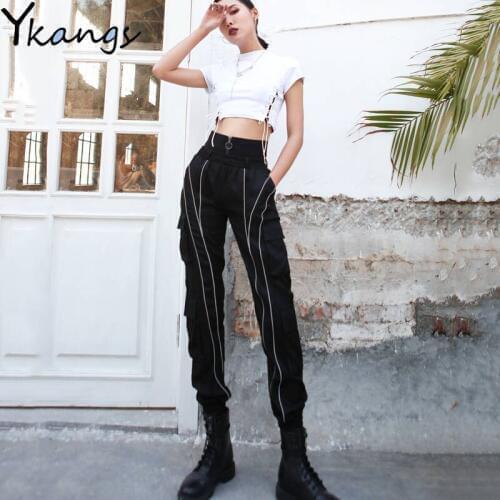 Harem Pants Hip Hop Black Zip Front Elastic High Waist Gothic Pencil Pants Harajuku Joggers Women Streetwear Dark Pantalon Femme