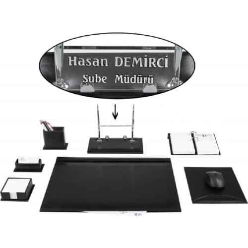 CEYHAN Office Business Black Leather Desk Set Desk Pad Set Crystal Table Nameplate Name Plate Tag Chief Organizer