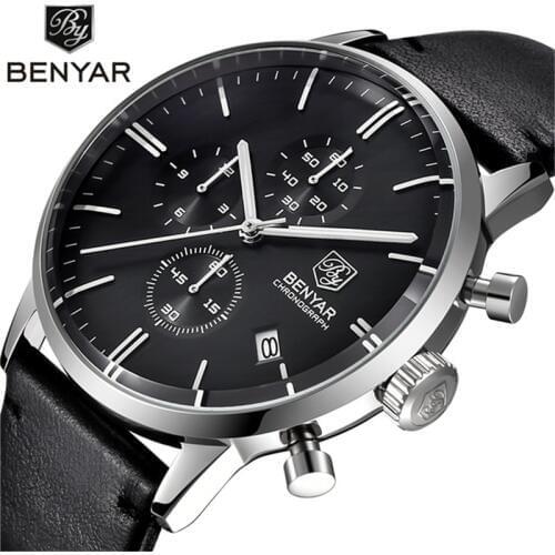 BENYAR Fashion Luxury Top Brand Mens Genuine Leather Watch Business Military Quartz Waterproof Male Wristwatch erkek kol saati