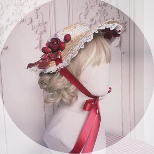 Lolita Pastoral style Sweet Lace Bow Elegant Flat Straw Hat Flower Lolita Pastoral style Sweet Lace Bow Elegant Flat Straw Hat