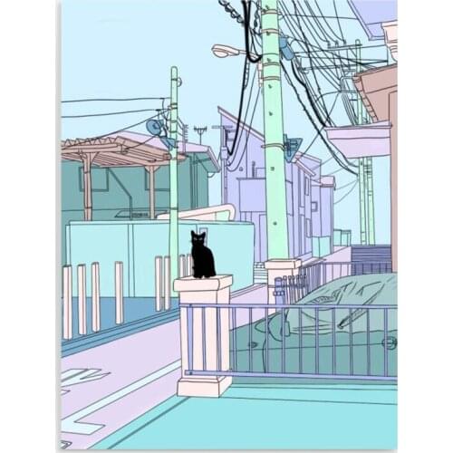 HD Printed Cartoon Building Poster Wall Art Street and Black Cat Canvas Painting Home Decor Living Room Modular Pictures Framed