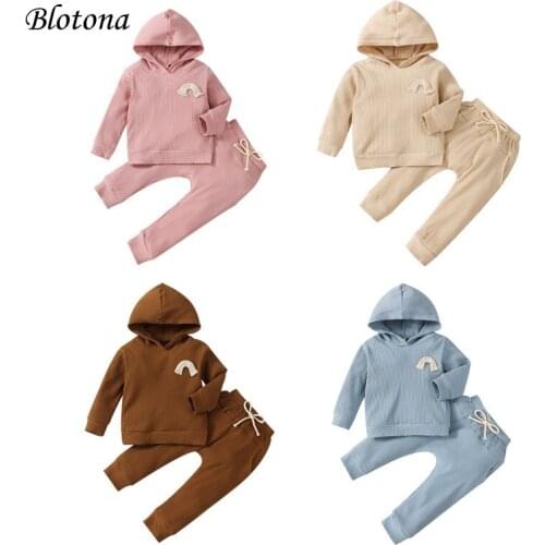 Blotona 2Pcs Toddler Ribbed Outfits, Kids Rainbow Decoration Long Sleeve Hooded Sweatshirt + Trousers with Pockets 1-6Years