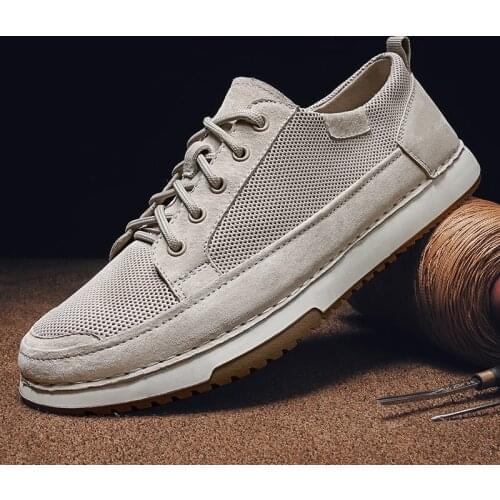Luxury Genuine Leather Mens Sneakers Outdoor Breathable Mens Summer Casual Shoes Comfortable Flat Shoes Mesh Lace-Up Shoe Men