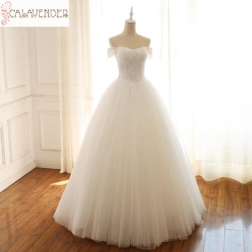 Lace Wedding Dress Ball Gown Off-shoulder Appliques Sequins robe de mariage with Short Sleeve Lace Up Back Wedding Gowns