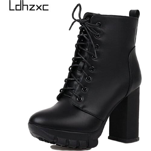 LDHZXC 2020 Women Black Ankle Boots High Heels Spring Autumn Platform Shoes Female Short Boots platform High Quality size 42