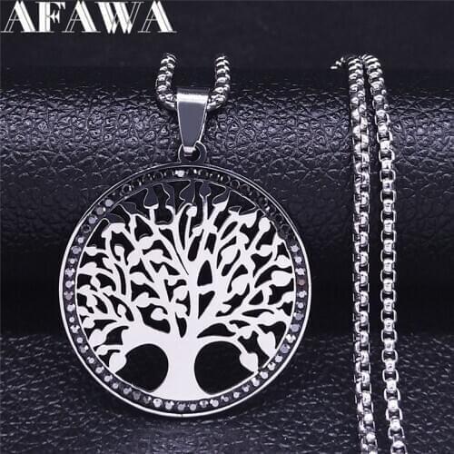Fashion Tree of Life Stainless Steel Black Crystal Chain Necklaces Women/Men Round Silver Color Jewelry colier femme N4835S02