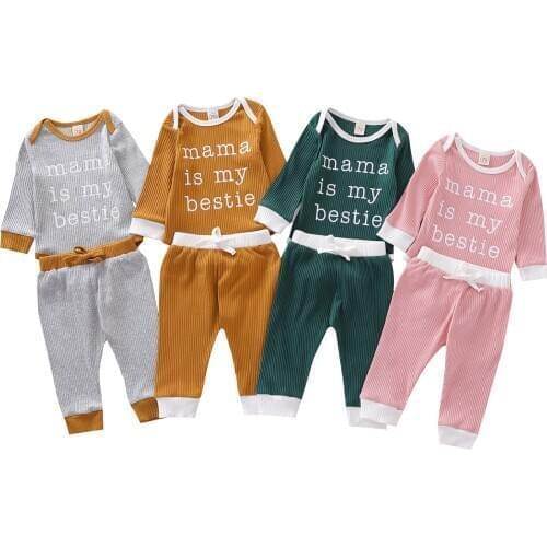 Newborn Baby Girls Boys Ribbed Sets Long Sleeve O Neck Letter Print Romper Casual Pants Infant Toddler Autumn 2Pcs Outfits 0-24M