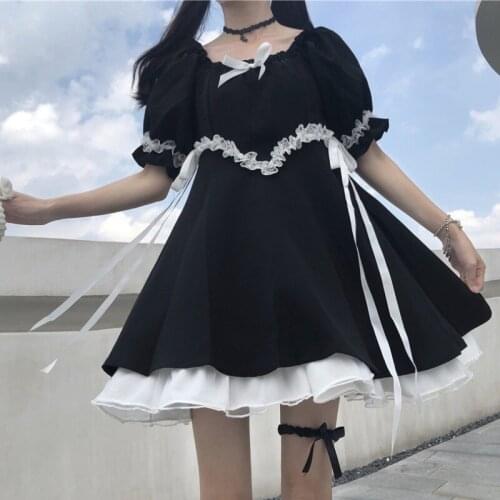 Japanese Style Soft Girl French Square Collar Bow Bandage Design Black Puff Sleeve Short Sleeve Dress for Women Summer