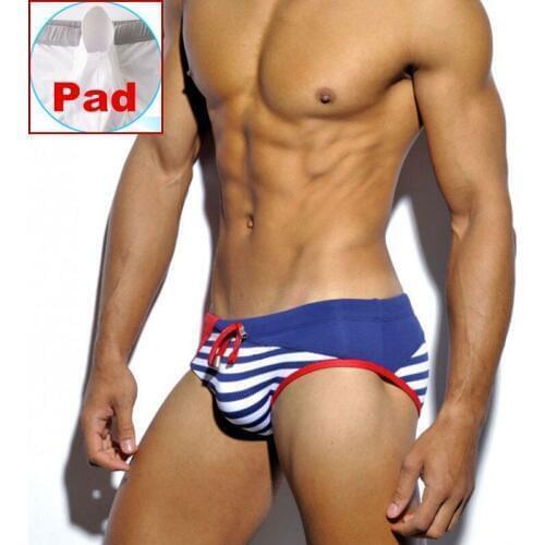 Pad Swimwear Men Push Up Swimming Briefs Mens Sexy Bikini Striped Swim Trunks Back Pocket Beach Shorts Surffing Suits Beachwear