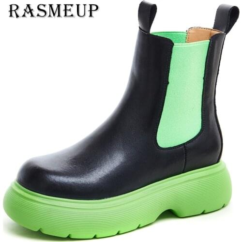 RASMEUP New Black Leather Chelsea Boots for Women Platform Shoes Thick Bottom Slip On Short Round Toe Metal Decoration Retro