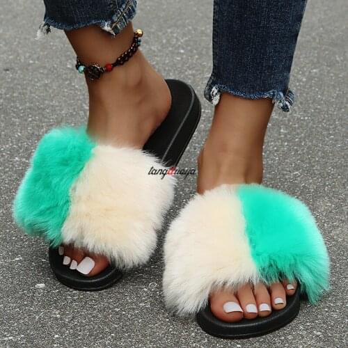 Sexy Faux Fur Slippers Women Furry Fluffy Slippers Outdoor Indoor Home Flat Shoes Female Casual Flops Slides Dropshopping