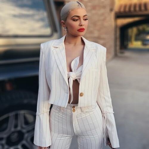Celebrity Kyliejenner Party Blazer Set Flare Long Sleeve Striped Party Suits Blazer Crop sexy cropped tops pants 3 piece set