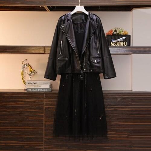 Spring 2021 new fat younger sister fashion wear a leather coat skirt with shoulder-straps show thin minus age suits