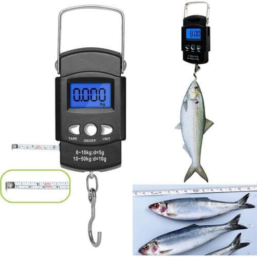 Stainless Steel Portable Fishing Scale 110lb/50kg Electronic Balance Digital Fish Hook Hanging Weigher with Measuring Tape Ruler