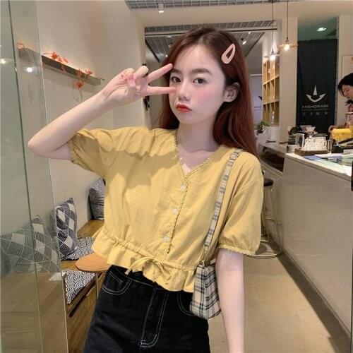 Women Blouse Summer 2021 Drawstring At Hem V-neck Puff Short Sleeve Top For Women Blusas Mujer De Moda