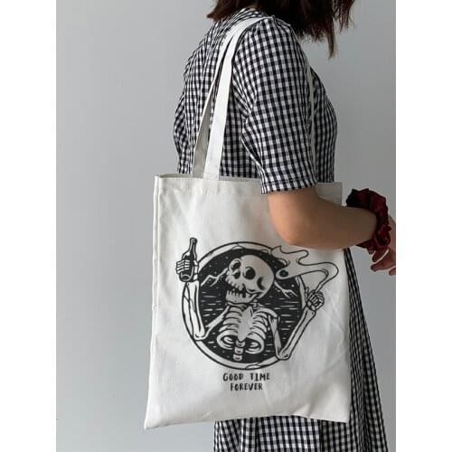 Female canvas bag Skull print Harajuku casual cartoon gothic letter shopper bag zipper large capacity hip hop women shoulder bag