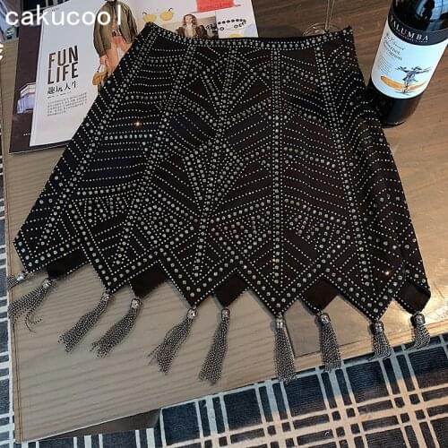 Cakucool Women Vintage Mini Skirt Beading Tassels Bodycon Skirt Black bling Asymmetric Empire Sheath Spring Autumn Palace Skirt