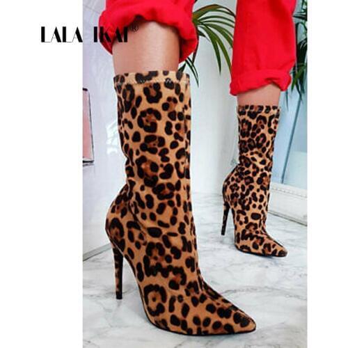 LALA IKAI Women Mid-Calf Boots Leopard High Heels Pointed Toe Shoes 2020 Autumn Winter Female Sexy Flock Bota Feminina XWC5458-4