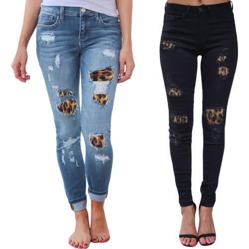 Women Fashion Leopard Patchwork Denim Jeans Slim Stretch Skinny Jean Ladies Casual Pencil Pants S-XXL
