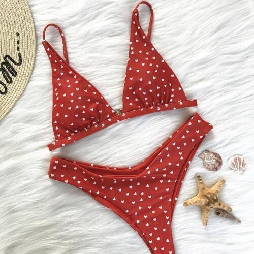 Women Love Heart Printing Set Sexy Split Swimwear Push-Up Padded Bra Beach Bikini Set Swimsuit Bather Swimwear Tankini Maillot