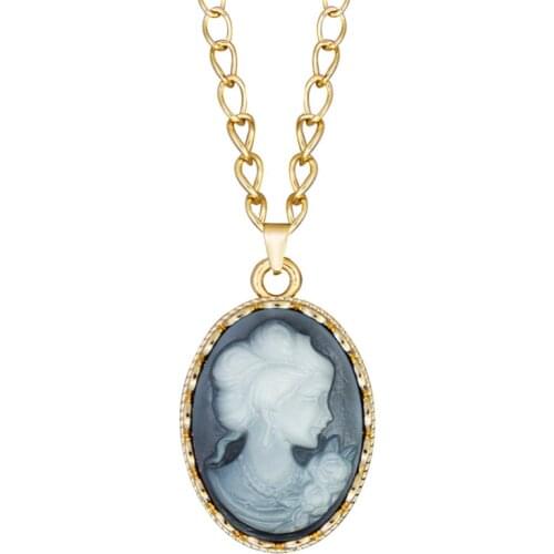 Vintage 6 Colors Lady Queen Cameo Necklace Pendant For Women Gold Color Pink Blue Gray Fashion Hollow Flower Cameo Pendant