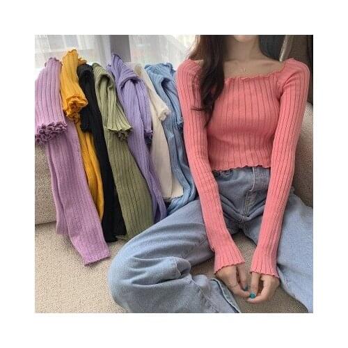 Pink Long-sleeved kKnit Sweater One-neck Bottoming Shirt Womens Strip Solid Color Top Crop Fashion All-match Tos Spring Summer