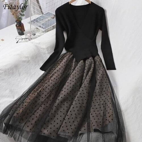 2020 New Autumn Elegant Long Sleeve Polka Dot A Line Black Ladies Dresses Women Knitted Tulle Patchwork Dresses