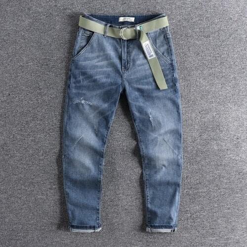 2020 With belt light blue American fashion mens nine point jeans cat whisker youth Leggings tapered pants 0743
