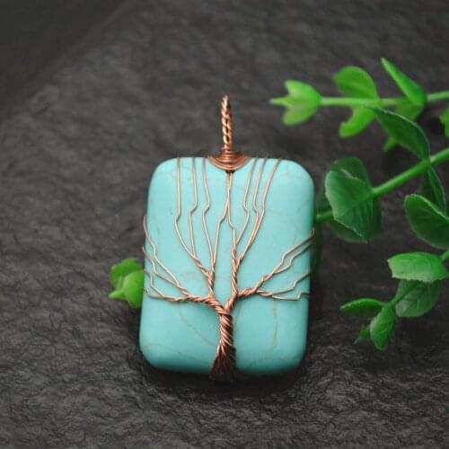 Natural Turquoise Gemstone Winding Wire Life Tree Guard Square / Round Shape Pendant for Necklace Jewelry DIY Making Supplies