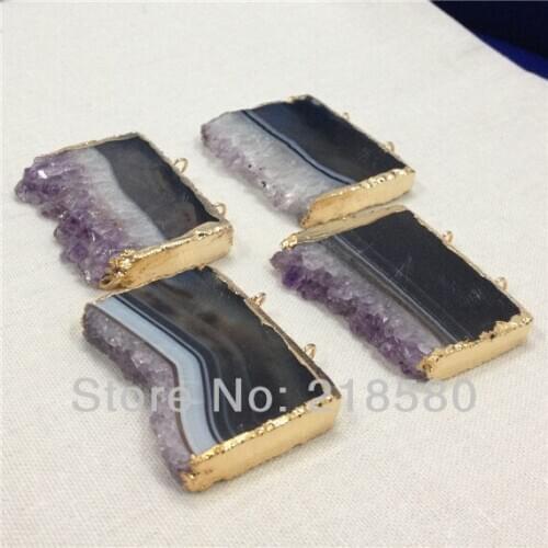 H-AMD29 10pcs Raw Druzy Amethysts Slice Pendant with Gold and Two Loops