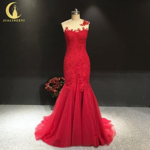 JIALINZEYI Real Sample Sexy Back Mermaid Lace Appliques Short Train for Party Evening Dresses