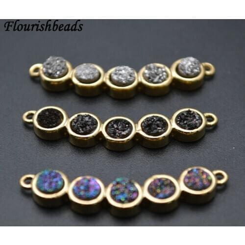 Two loops 5 Druzy Agate Stone Cabochons Strip Shape Pendant Jewelry Connectors Rainbow / Black / Silver color