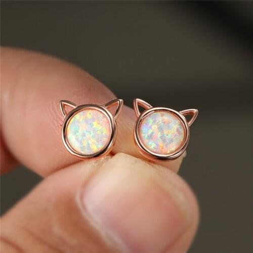 Classic Female Small Cat Stud Earrings White Fire Opal Round Stone Earrings Vintage Rose Gold Wedding Earrings For Women Jewelry