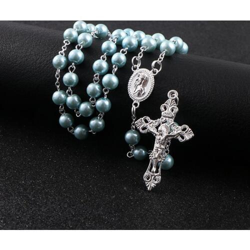 KOMi Rosary Beads Cross Pendant Long Necklace For Women Men Catholic Christ Religious Jesus Jewelry Gift R-228