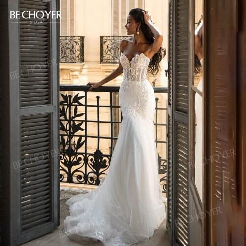 Vintage Lace Mermaid Wedding Dress 2 In 1 Jacket Appliques Court Train Bride BECHOYER AS03 Illusion Princess Vestido De Noiva