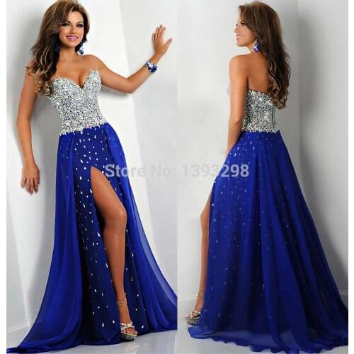 2019 Hot Sales Chiffon Blue Sweetheart Long Prom Dresses Rhinestones Diamonds Vestido de Fiesta Evening Dresses Party Prom Gowns