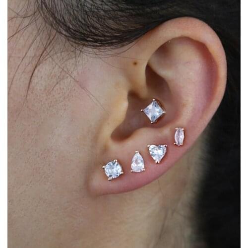 Small Silver Color stud Earrings Paved Heart Round Square Oval CZ Crystal Ear Studs In real 925 sterling silver Earring Women