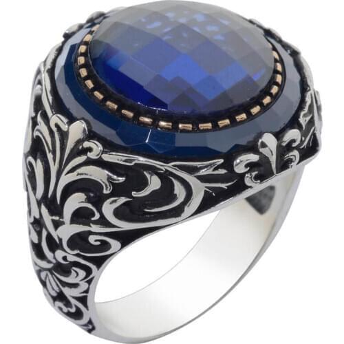 Faceted Blue Zircon Stone 925 Sterling Silver Mens Ring Surrounded by Blue Stone Gemstone Ring Exclusive Ring for Men