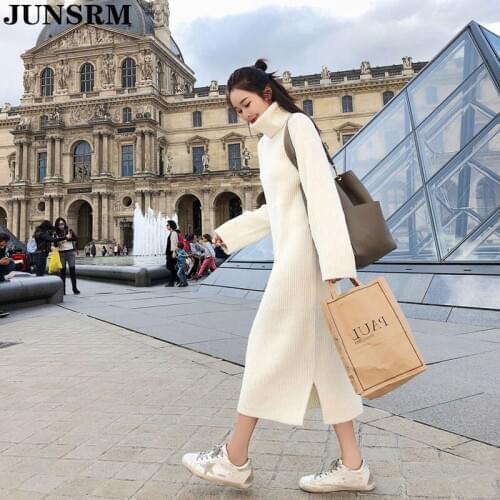 2020 Autumn Winter Turtleneck Sweater Maxi Dress Women Plus Size Knitted Split Lazy Style Party Sweater Dress Women Clothing