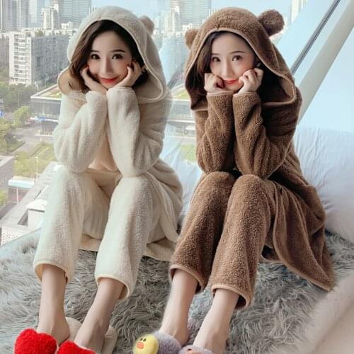 Plus size Pajamas Loose Women Bathrobe Winter Flannel Cartoon Hooded Home Service Suit Casual Sleepwear Warm Pijama Mujer New
