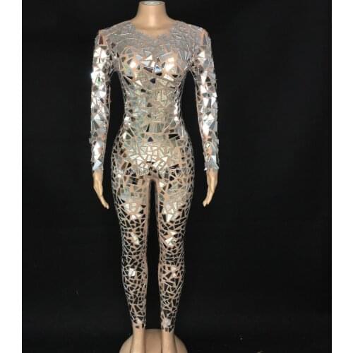 Full Silver Mirrors Transparent Sexy Jumpsuit Birthday Celebrate Mesh Sequins Outfit Prom Dance Stage Singer Bodysuits