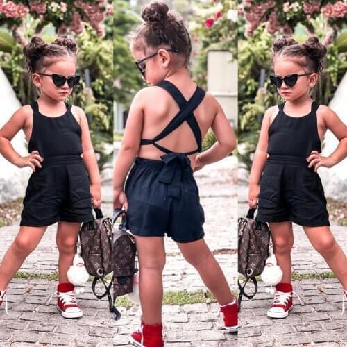Pudcoco Baby Girls Backless Romper Children Black Sleeveless Belt One-Pieces Jumpsuits Summer Outfit Clothes 1-6Y