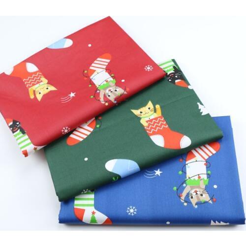 Hot Christmas sock cat wave Cotton Fabric,DIY Sewing Patchwork Quilting Fat Quarters Tecido Cloth For Baby Dress Sheets Textiles