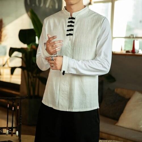 Mandarin Collar Shirt For Men Shirt Long Sleeve Harajuku Vintage Shirt Men Guayabera Hiphop Mens Shirts Regular Fit KK2972