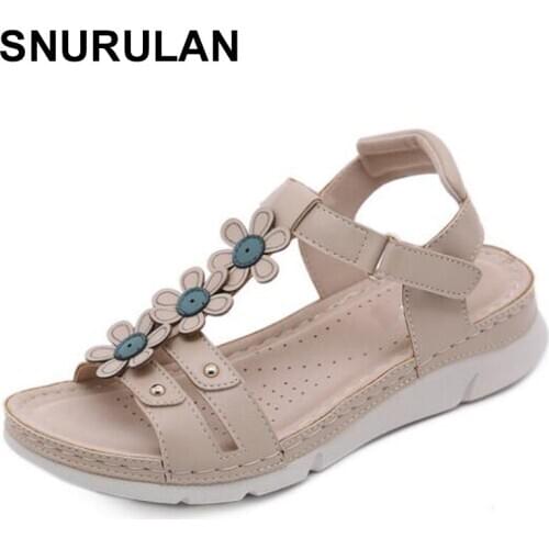 SNURULAN2020 Fashion Bohemian Beach Shoes Women Sandals Summer Style Peep Toe Flower Shoes Flat Sandals Women sandalia feminina