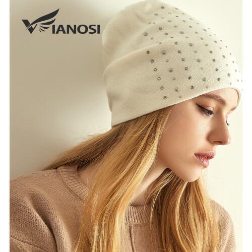 VIANOSI Winter Wool Women Hats Warm Knitted Brand Cashmere Cap Chunky Thick Stretchy Knit Beanies for Ladies