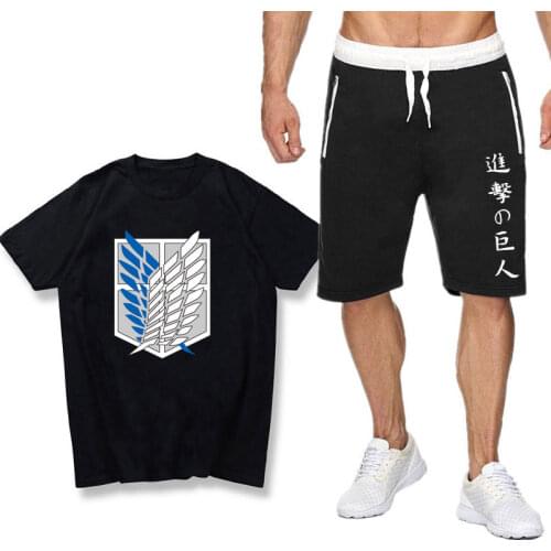 Japanese animeAttack on Titan T shirt Sets Summer anime camisetas Men Shorts T Shirts SetsSweatpants Casual camisetas Shorts