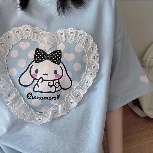 Harajuku Japanese Soft Girl Summer New Cartoon Dog Print Short-sleeved T-shirt Student Female Cute Sweet Love Lace-edge T-shirt